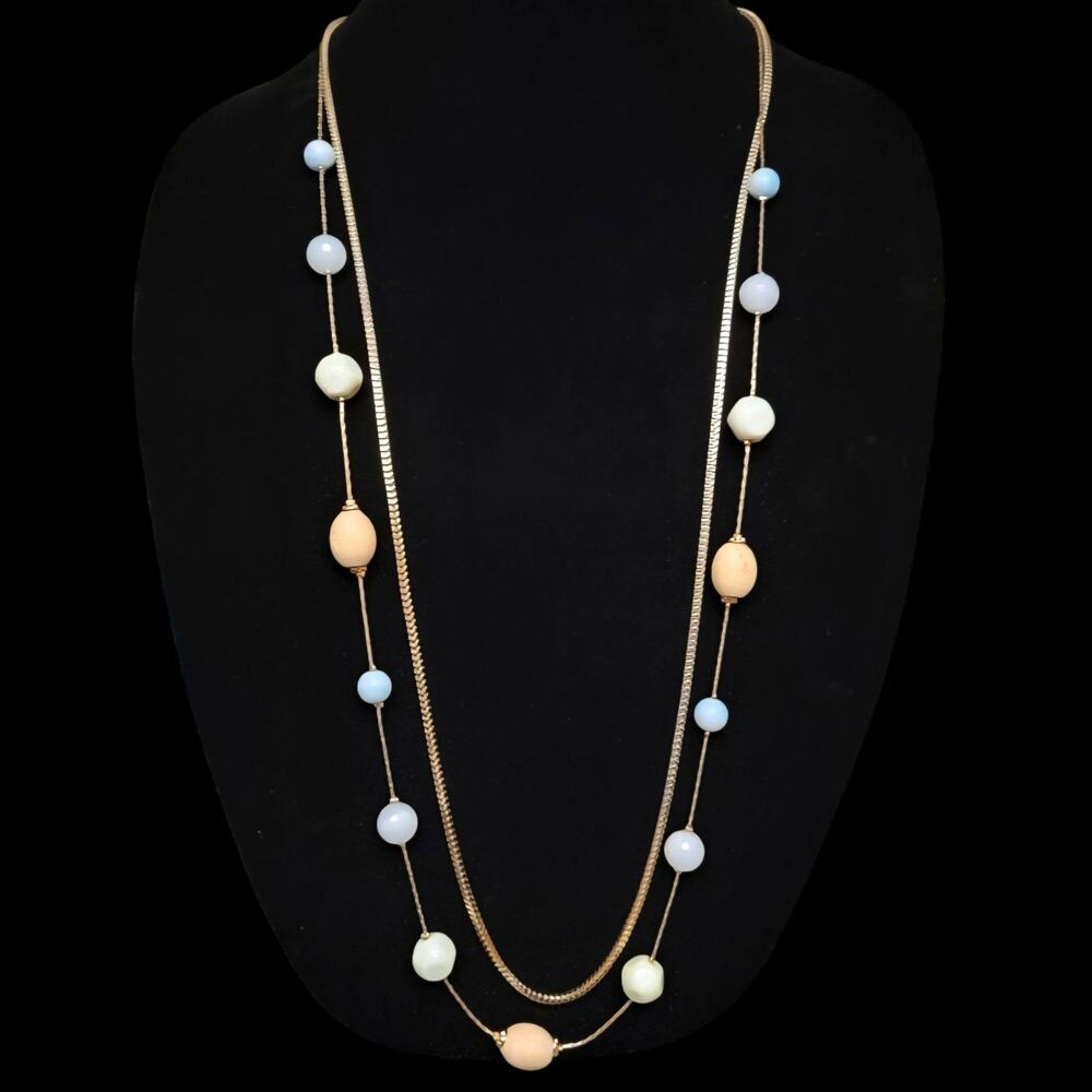 New York & Co Station Necklace Blue Beige Gold Tone Double Strand Beaded Jewelry